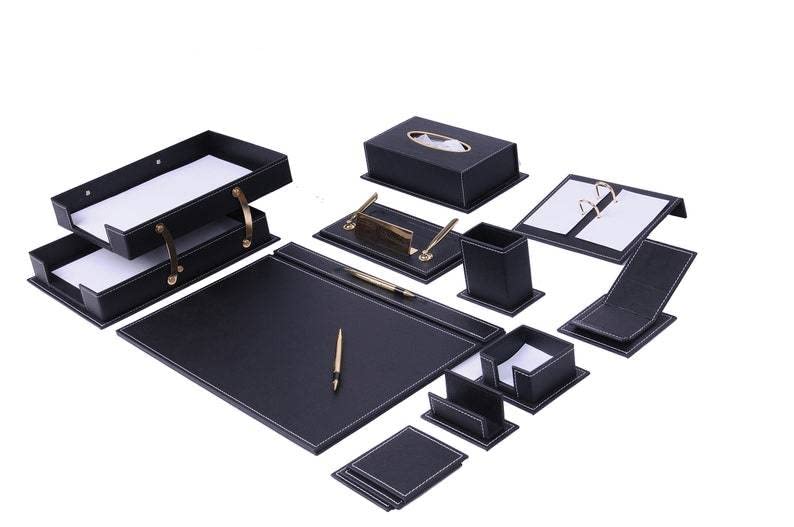 Desk Organizers - Desk Accessories - Leather Desk Organizer - Bonded Leather Desk Set - Home Office Accessories - Desk Supplies - Leather Desk Set - Office Accessories - 14 PCS (Black)