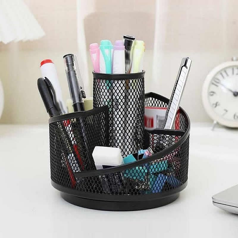 Rotating Pen Holder Mesh Pencil Cup Metal Desk Organizer Cosmetic Makeup Brush for Girl Women Bathroom Vanity