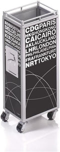Troika MINI TROLLEY – PHO07/BK – Pen holder in the shape of an in-flight service trolley – sides printed with airport motif – metal– matt – chrome plated – black, white original