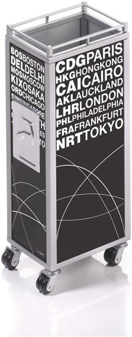 Troika MINI TROLLEY – PHO07/BK – Pen holder in the shape of an in-flight service trolley – sides printed with airport motif – metal– matt – chrome plated – black, white original