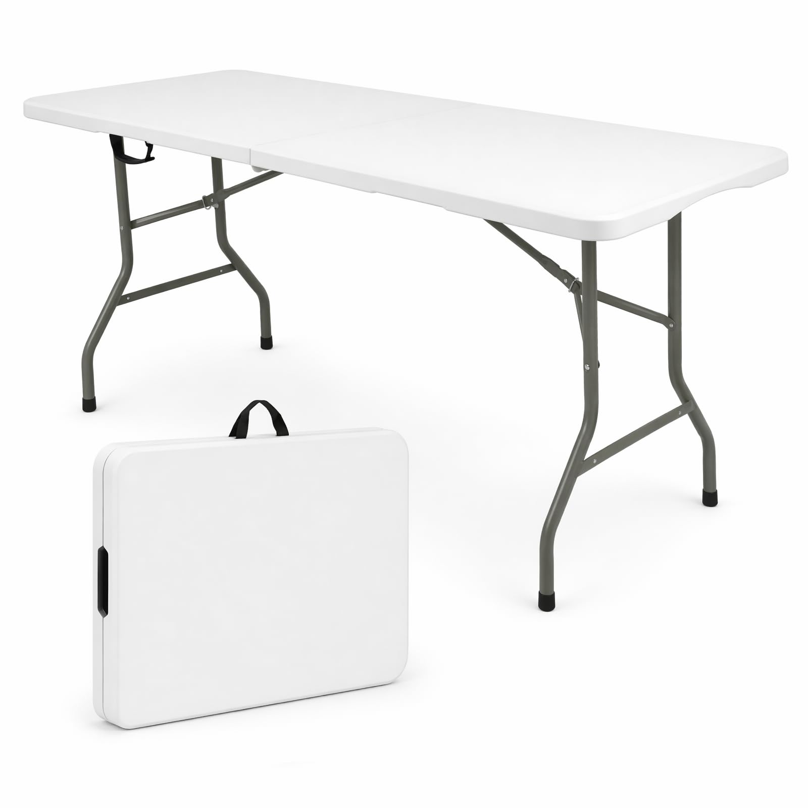 Set of 2 Folding Table 6 FT Lightweight Camping Table White Portable Plastic Rectangular Outdoor Dining Table Steel Legs Fold-in-Half with Carrying Handle for Indoor,Picnic,Party,Wedding,Events