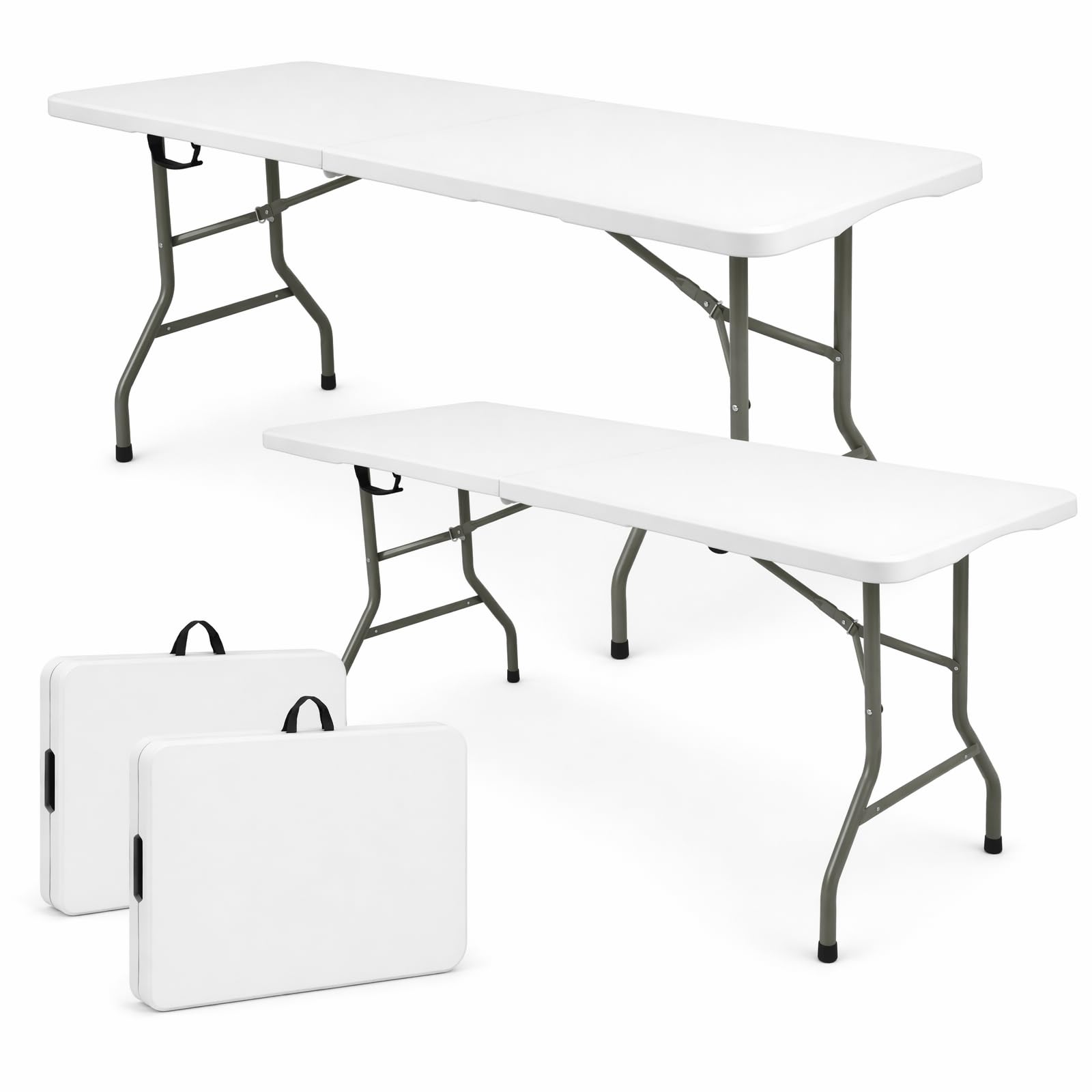 Set of 2 Folding Table 6 FT Lightweight Camping Table White Portable Plastic Rectangular Outdoor Dining Table Steel Legs Fold-in-Half with Carrying Handle for Indoor,Picnic,Party,Wedding,Events