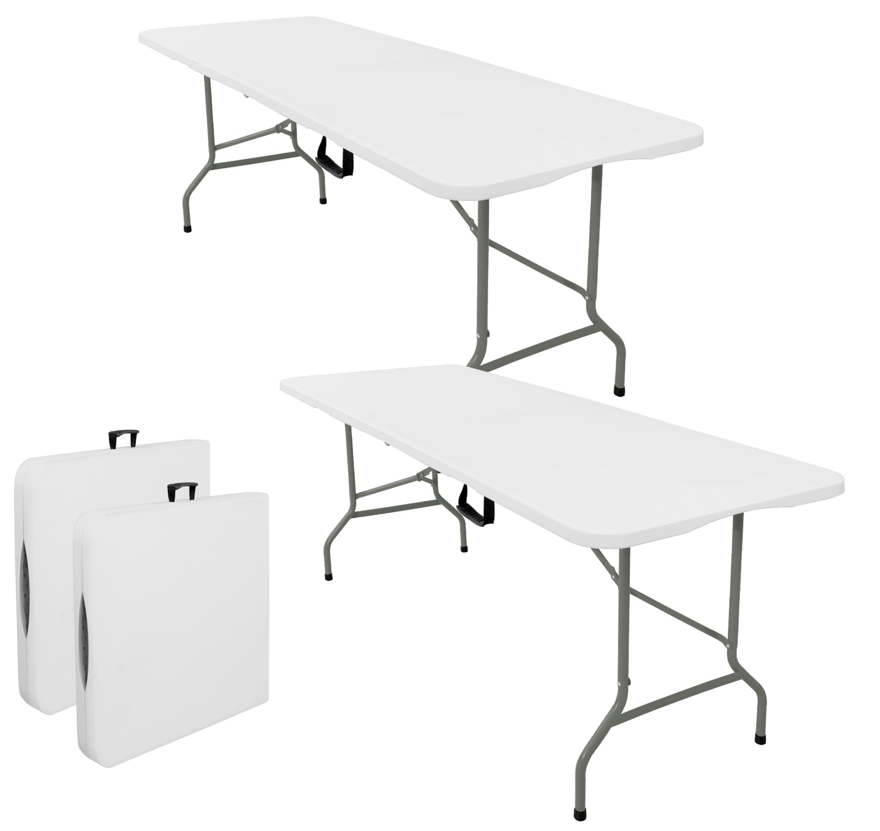 Set of 2 Folding Tables with Carrying Handle Lightweight Rectangular Portable Plastic Camping Table Steel Legs for Party, Dining, Wedding, Events, Picnic Indoor, Outdoor (5.85FT, White)