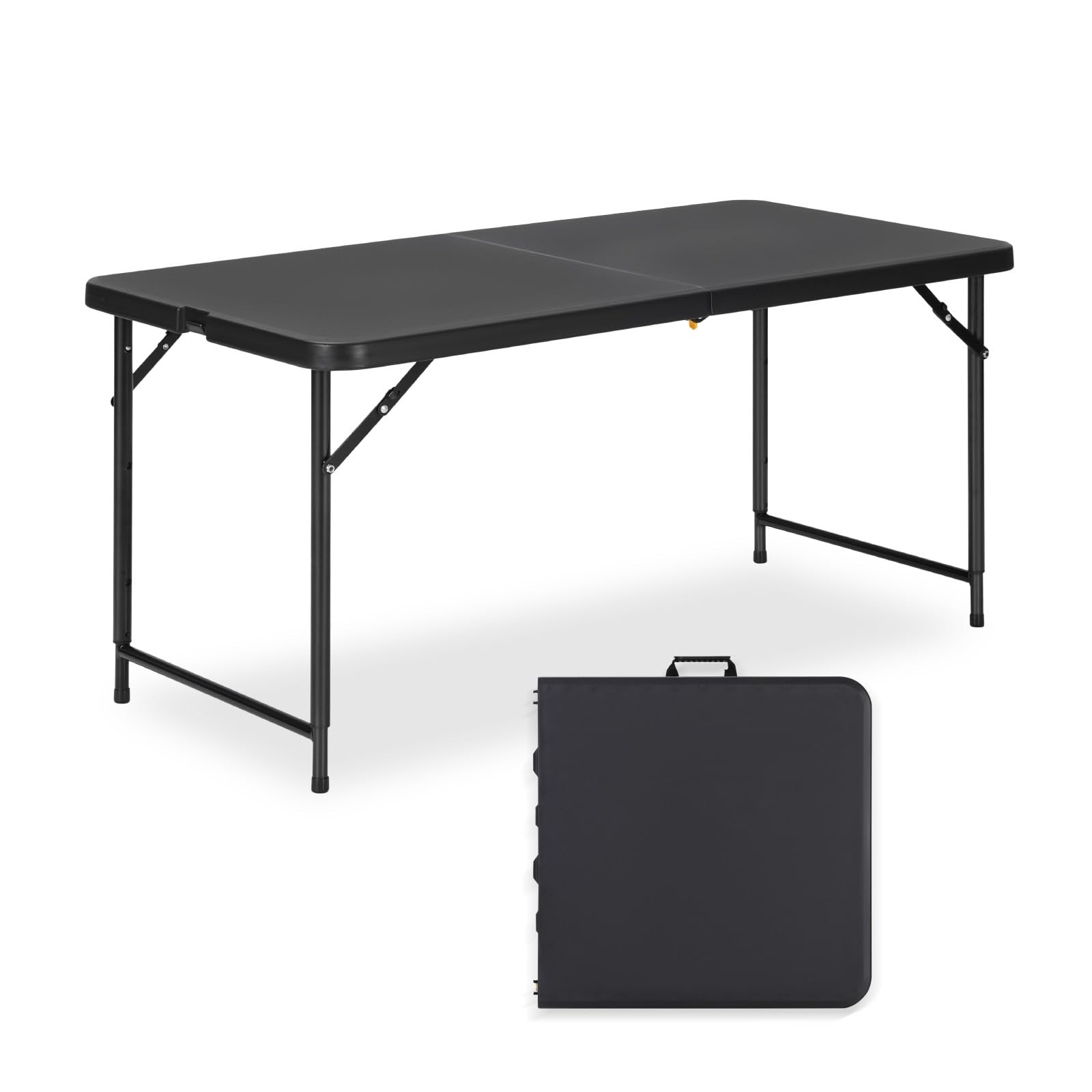 4ft Folding Table with Adjustable Height, 3-Level Foldable Table with HDPE Top & Steel Legs, Portable 4 Foot Folding Table for Picnic, Party, Craft, Indoor Outdoor Use, Black