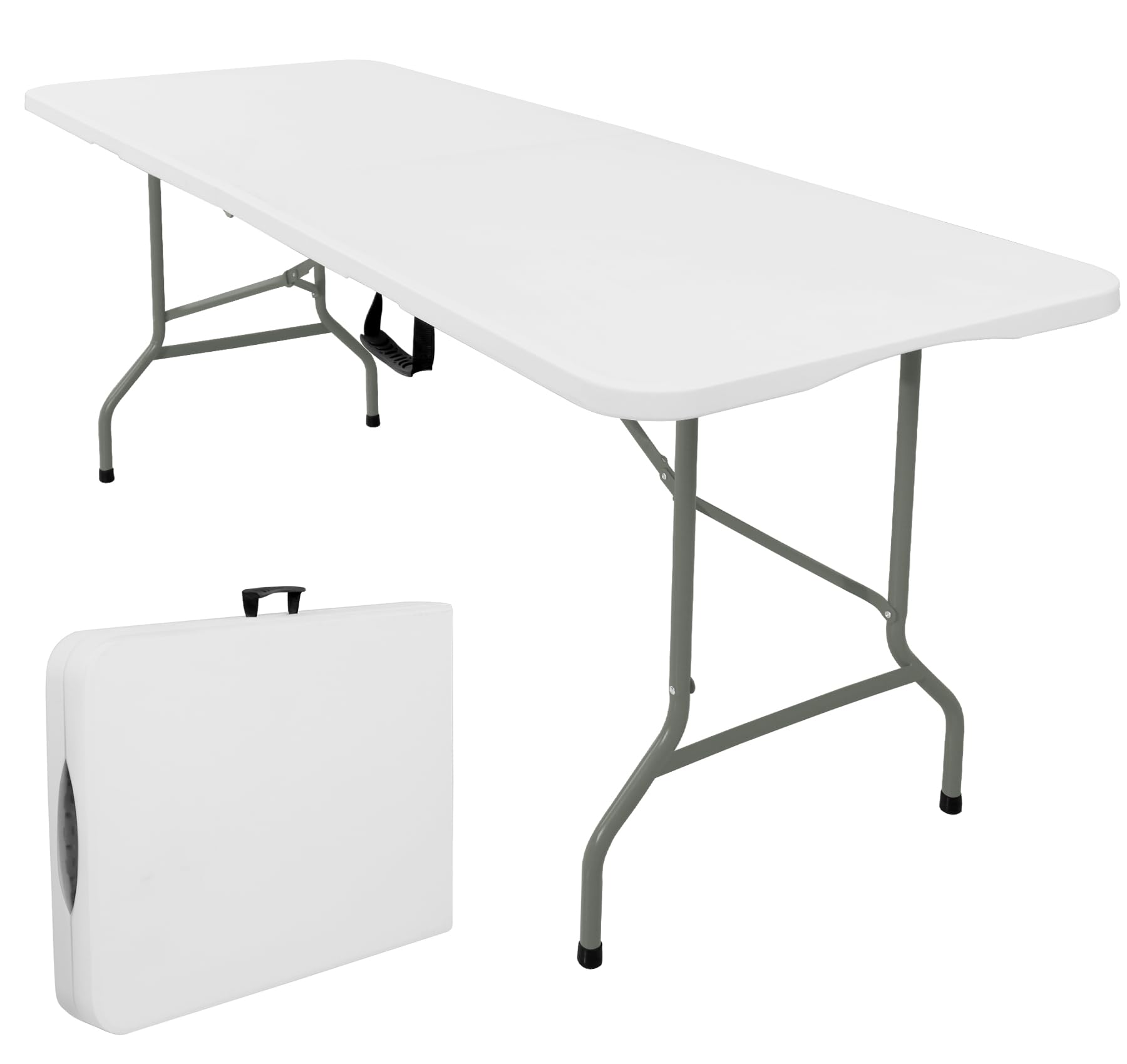 Set of 2 Folding Tables with Carrying Handle Lightweight Rectangular Portable Plastic Camping Table Steel Legs for Party, Dining, Wedding, Events, Picnic Indoor, Outdoor (5.85FT, White)
