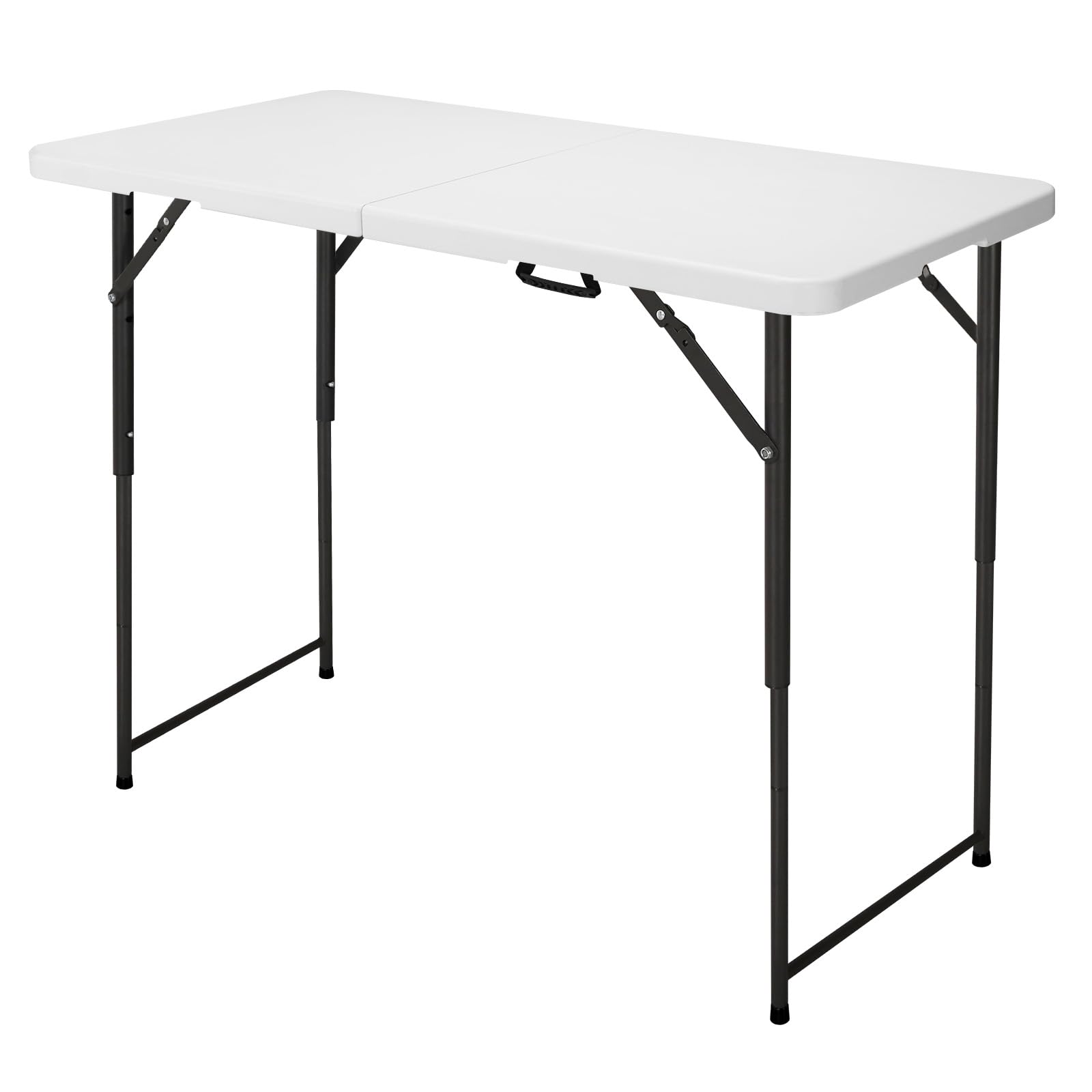 4ft Folding Table, Portable Fold-in-Half Adjustable Height Utility Table for Indoor/Outdoor Use, Durable HDPE & Steel, Stable & Lightweight, Multi-Purpose, White