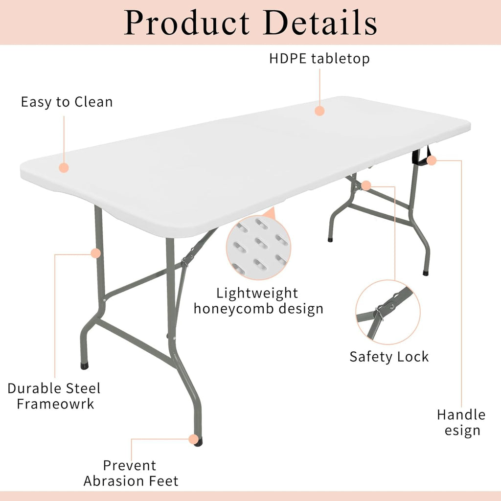 Set of 2 Folding Tables with Carrying Handle Lightweight Rectangular Portable Plastic Camping Table Steel Legs for Party, Dining, Wedding, Events, Picnic Indoor, Outdoor (5.85FT, White)