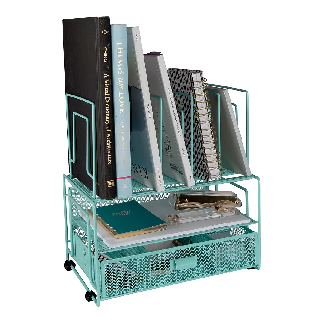 BLU MONACO | Black Wire Mesh Desk Organizer with Drawer | Desk Associates Women Office Set | File Sorters and Mesh Pen Holders Desktop Storage System