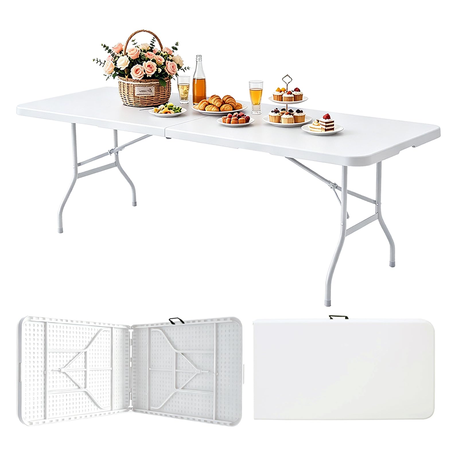 Portable Plastic Folding Table 4ft/6ft/8ft Heavy Duty White Black Picnic Dining Table Fold-in-Half for Camp Party Kitchen Indoor Outdoor