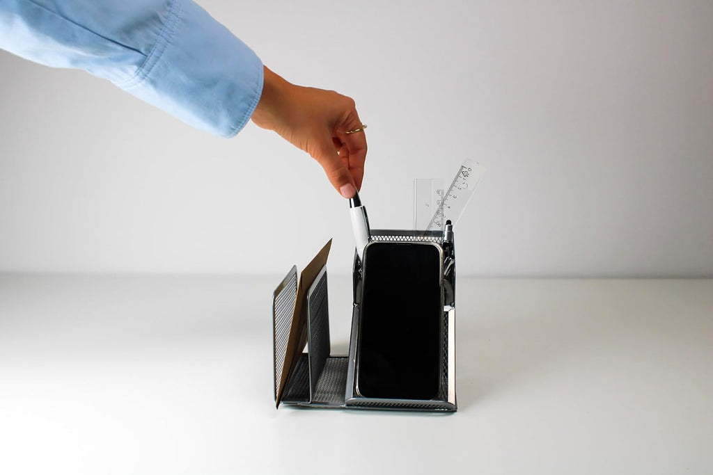 WEDO Butler Office 65554 Pen Holder 4 Compartments and Slant Tray Wire Metal Silver