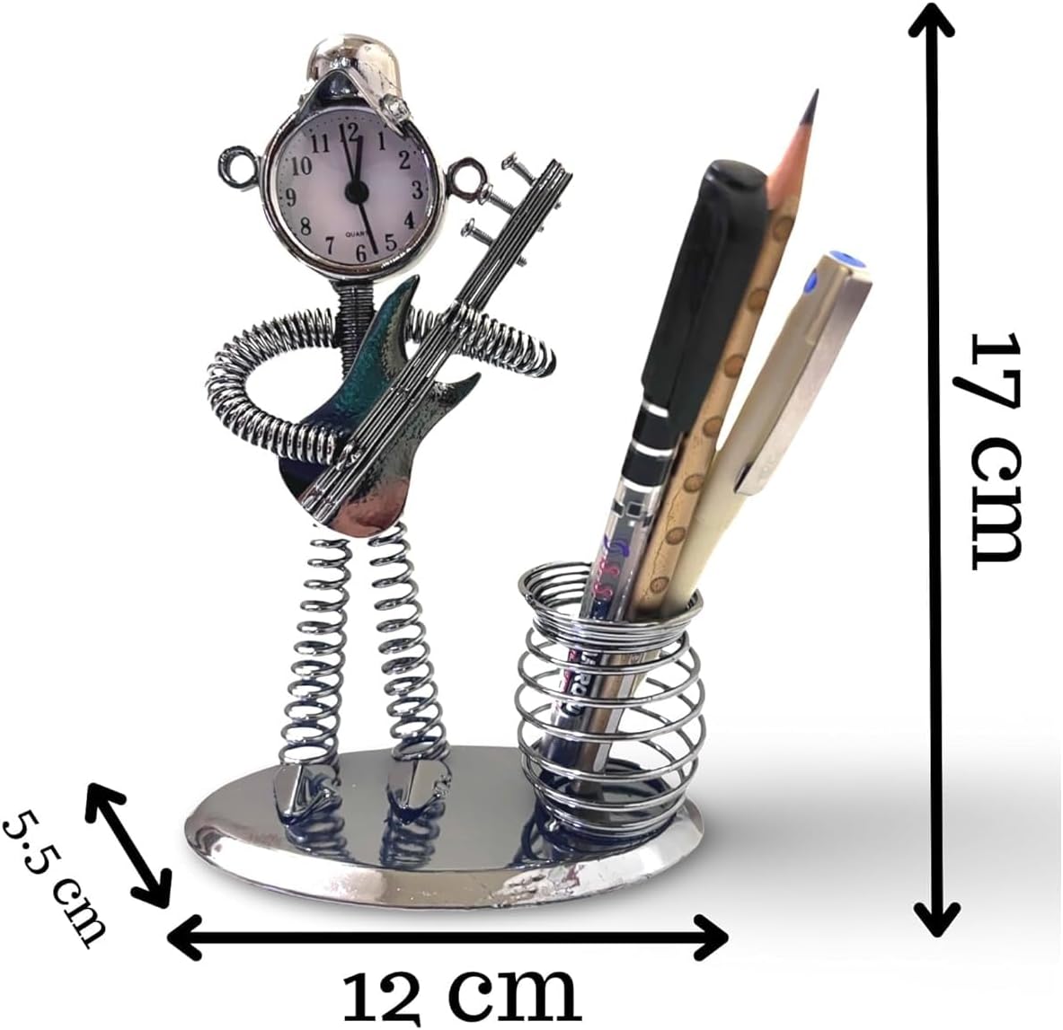 Antique Metal Pen Stand with Clock | Pen-Pencil Holder for Study Table, Office table, Home - Stylish Desk Organizer Decor Piece (Guitar)