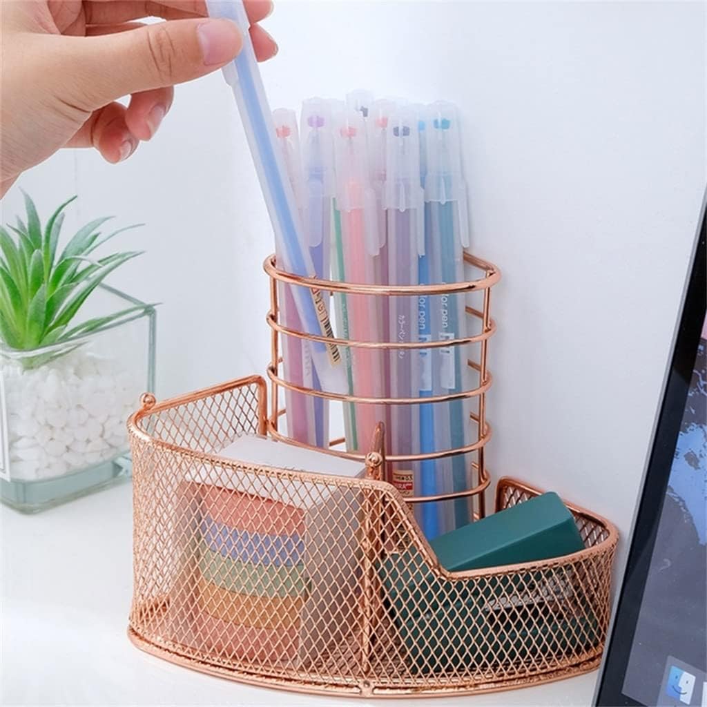 Rose Gold Mesh Pen Holder Triangular Metal Stationery Storage Rack 3 Compartments (Color : Gray, Size : 14.8x10cm) (Rose gold 14.8x10cm)