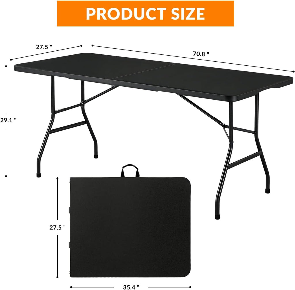 Lakhow Folding Table 6ft Heavy Duty Portable Plastic Fold-in-Half 6 Foot Foldable Table Indoor Outdoor with Parties, Camping Picnic,Folds in Half for Easy Storage, No Assembly Required, Black