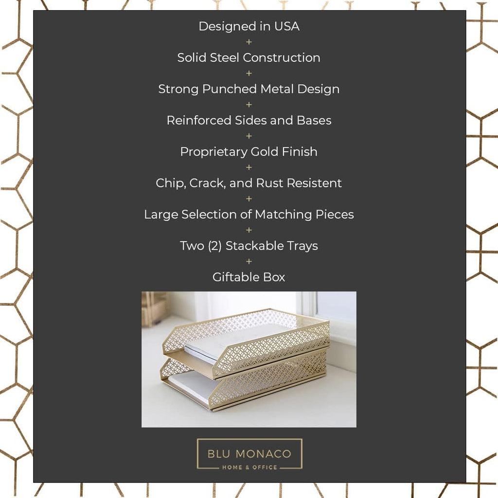 BLU MONACO | Paper Tray Stackable Gold Set of 2 | Stackable File Trays for Desk Organization | Tiered Desk Organizer with Metal Letter Trays