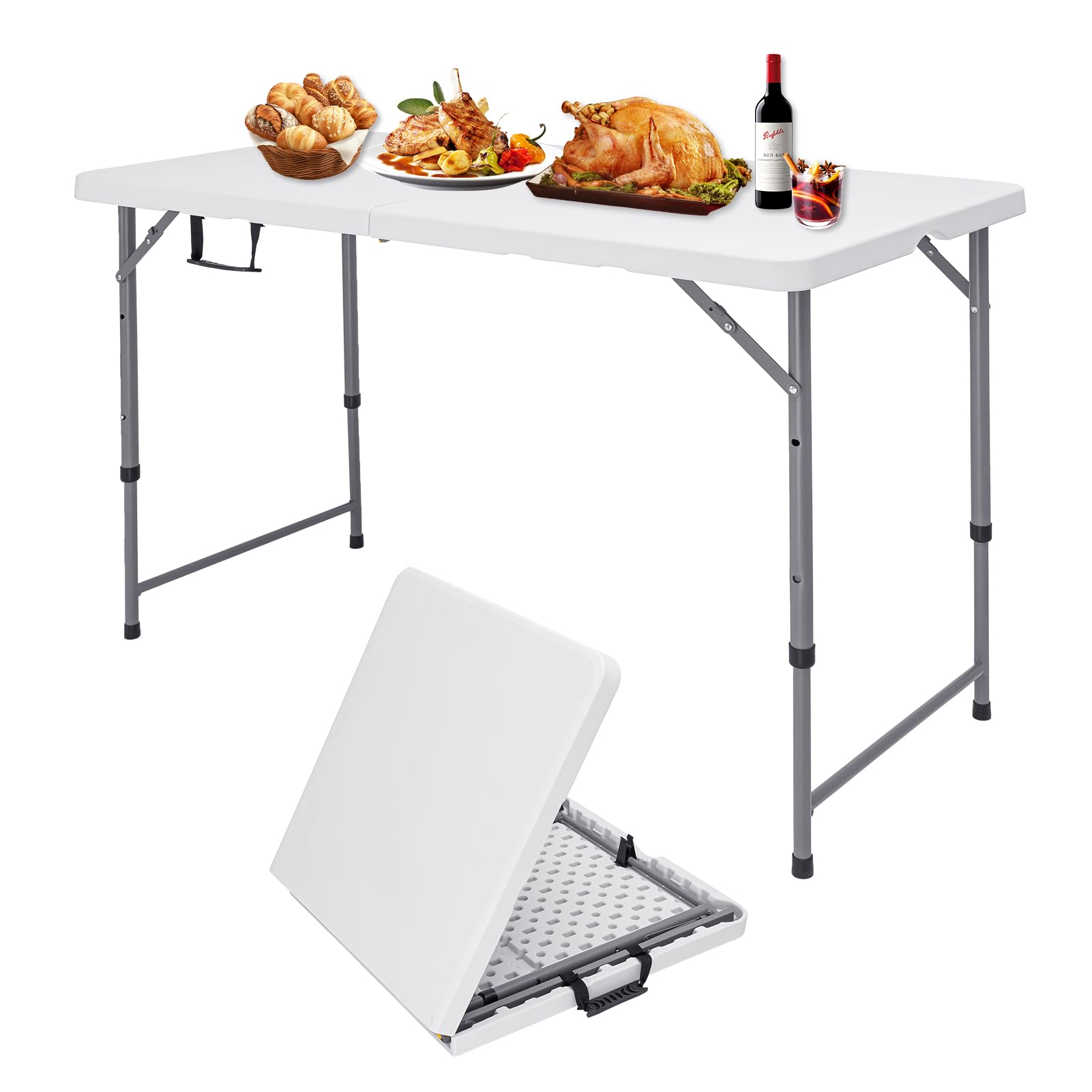 Folding Camping Table 4 Foot Adjustable Height 350lbs, 4FT Folding Picnic Card Table for Outdoor, Plastic Rectangular Dining Work Tables for Indoor, Heavy Duty Fold-in-Half Tray Tables