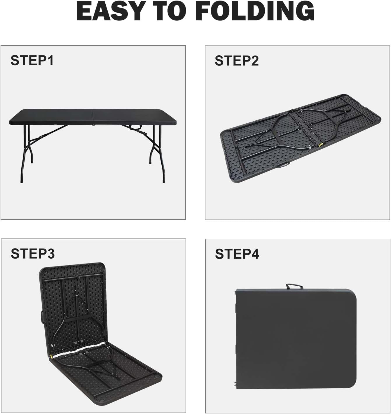 Portable Plastic Folding Table 4ft/6ft/8ft Heavy Duty White Black Picnic Dining Table Fold-in-Half for Camp Party Kitchen Indoor Outdoor