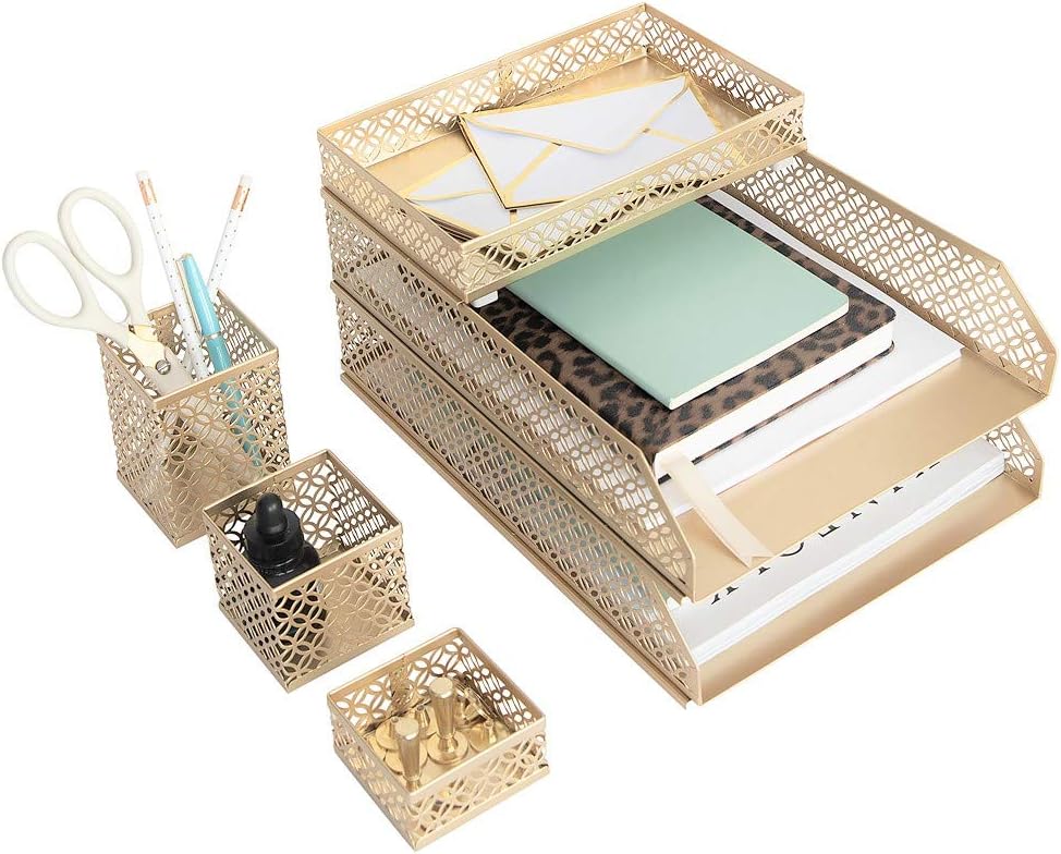 BLU MONACO | Gold Desk Organizer Set for Women 6 Piece | Mail Sorter Organizer Countertop with Letter Sorter for Desk | Steel Desktop Organizer with Mesh Pen Holders