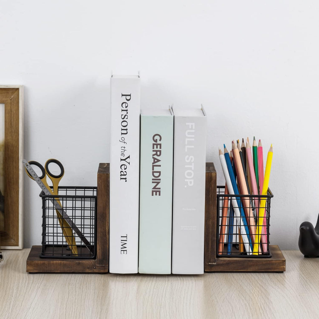 MyGift Book Ends for Desk, Decorative Farmhouse Bookends for Heavy Books with Pen Holders, Office Supplies Storage Baskets, Rustic Burnt Wood and Matte Black Metal Wire Basket, 1-Pair