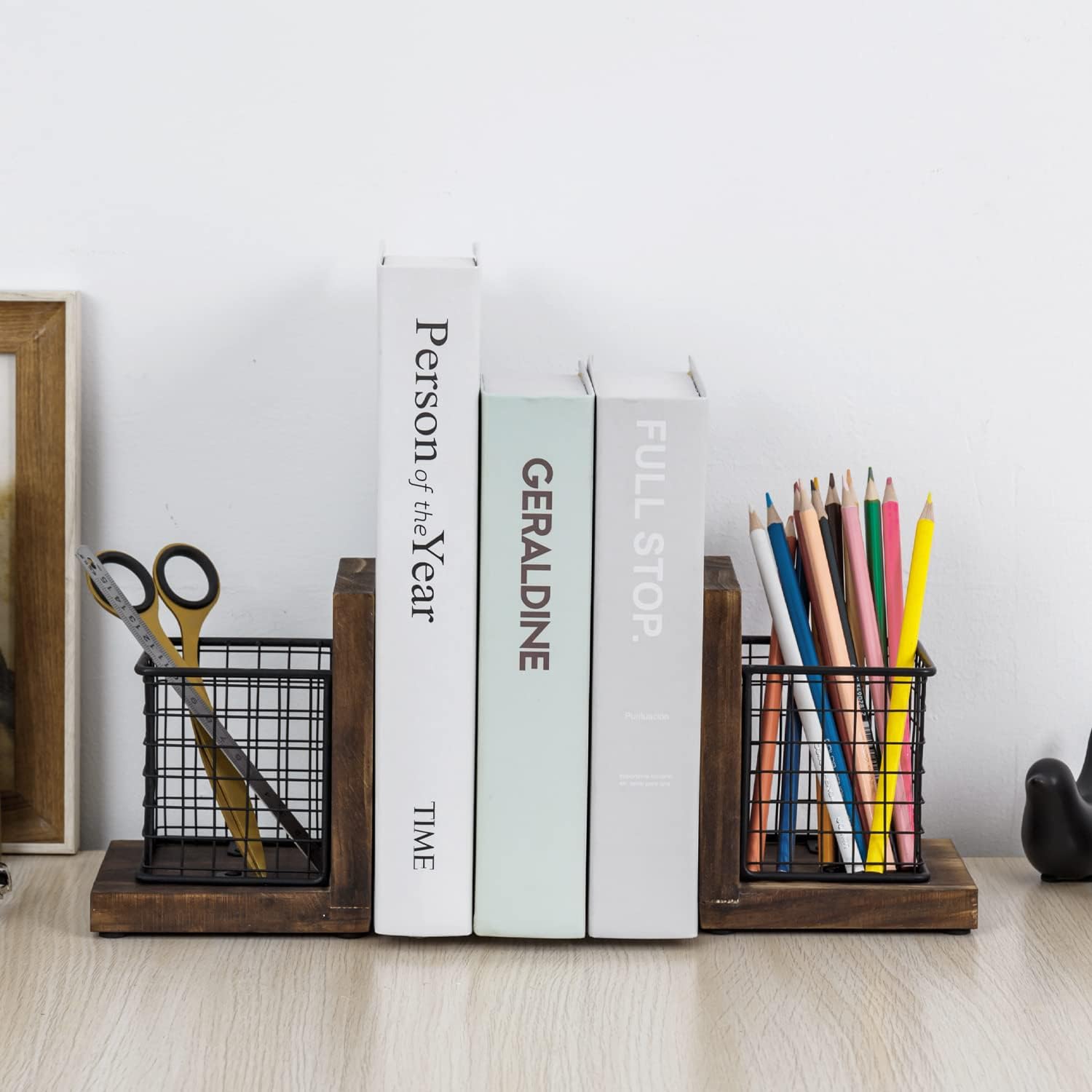 MyGift Book Ends for Desk, Decorative Farmhouse Bookends for Heavy Books with Pen Holders, Office Supplies Storage Baskets, Rustic Burnt Wood and Matte Black Metal Wire Basket, 1-Pair