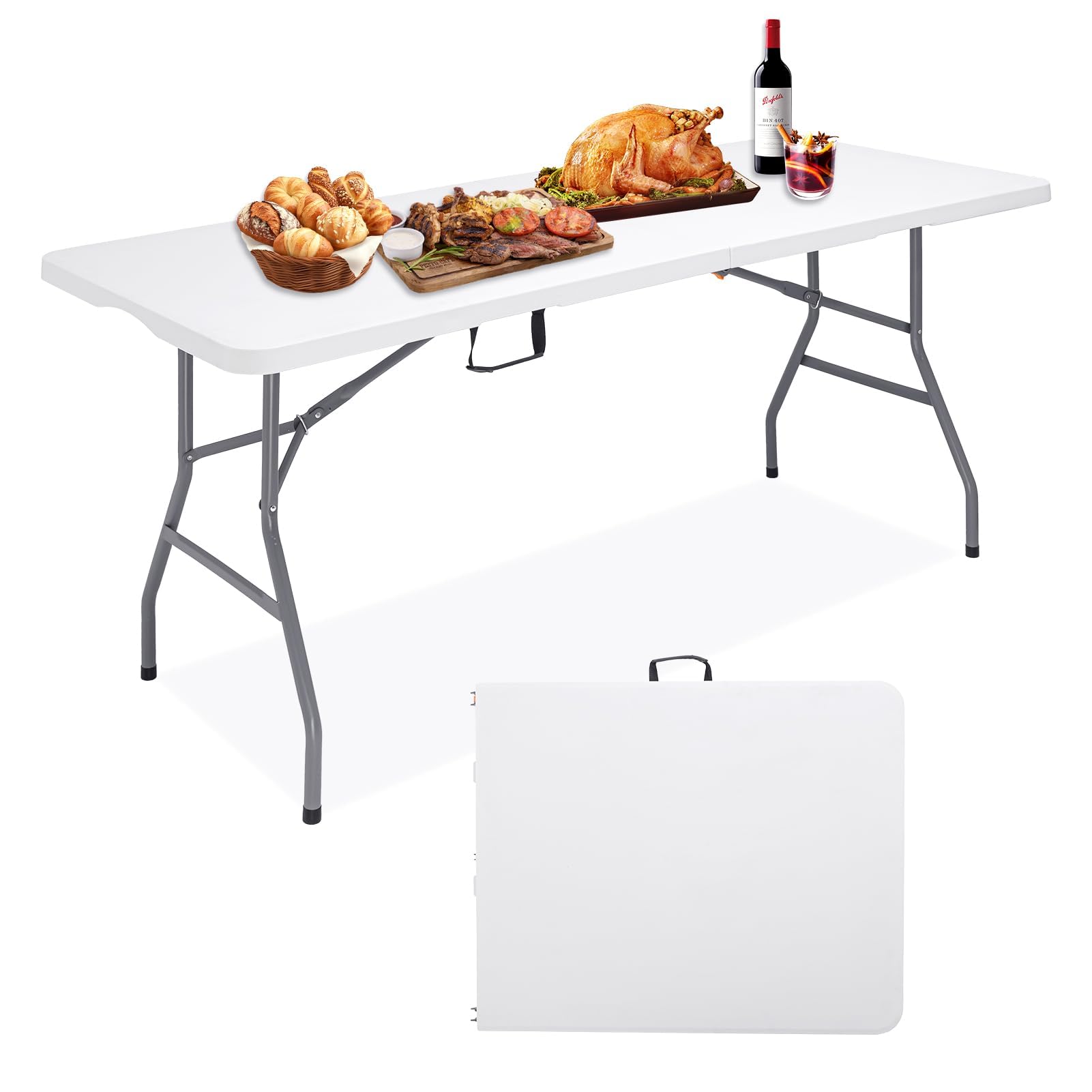 Folding Camping Table 4 Foot Adjustable Height 350lbs, 4FT Folding Picnic Card Table for Outdoor, Plastic Rectangular Dining Work Tables for Indoor, Heavy Duty Fold-in-Half Tray Tables