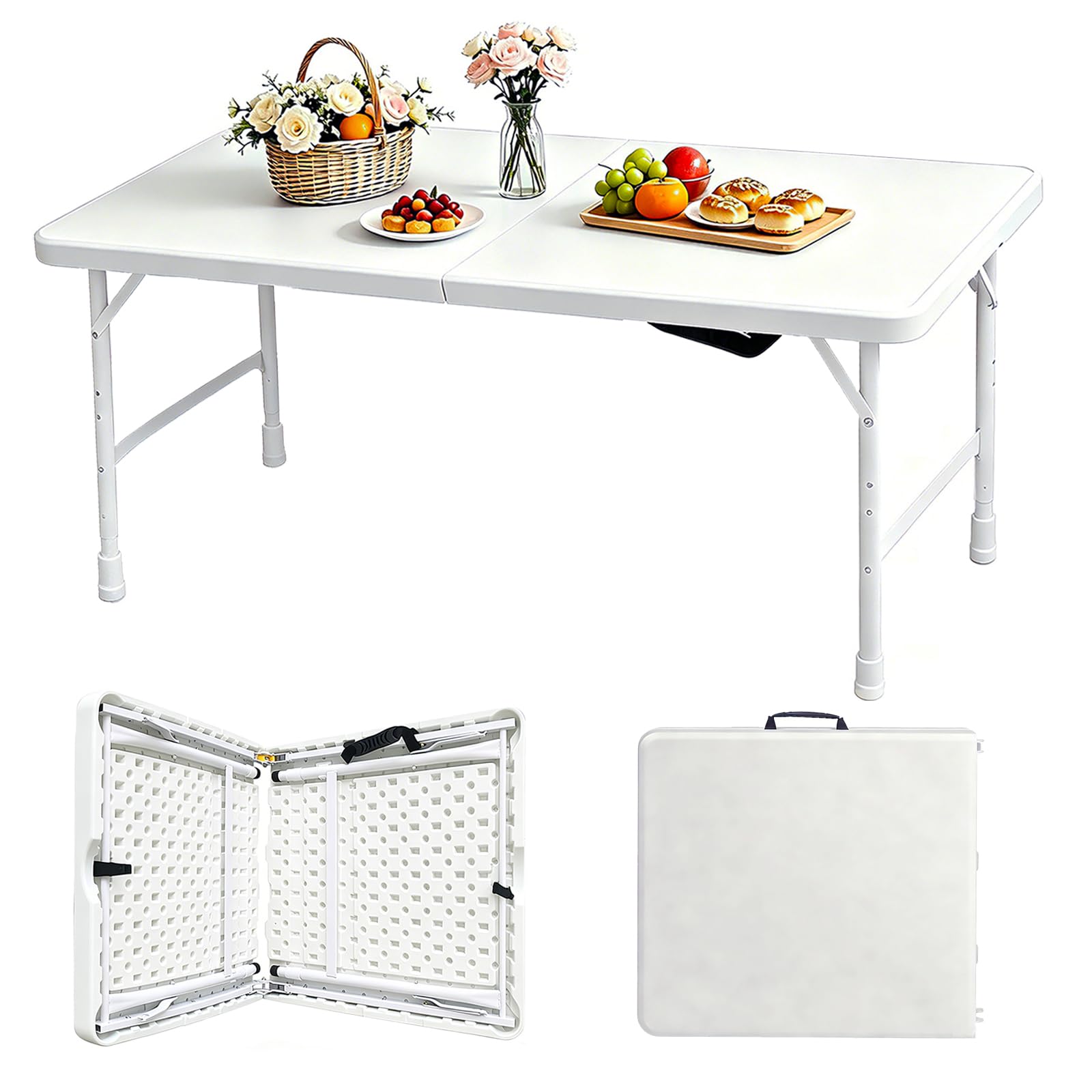 Portable Plastic Folding Table 4ft/6ft/8ft Heavy Duty White Black Picnic Dining Table Fold-in-Half for Camp Party Kitchen Indoor Outdoor