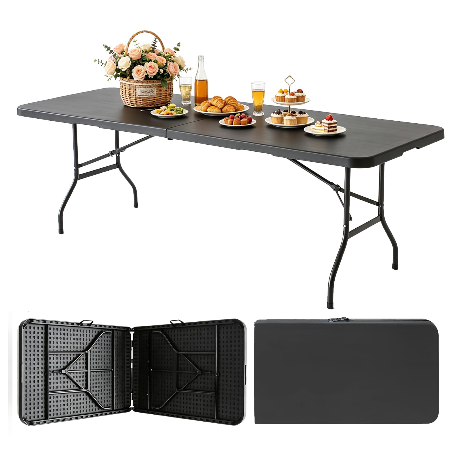 Portable Plastic Folding Table 4ft/6ft/8ft Heavy Duty White Black Picnic Dining Table Fold-in-Half for Camp Party Kitchen Indoor Outdoor