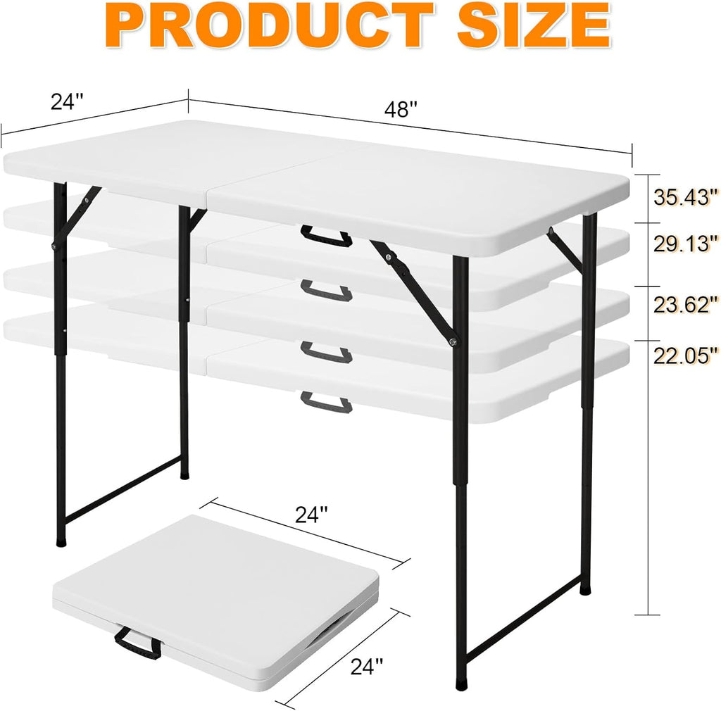 4ft Folding Table, Portable Fold-in-Half Adjustable Height Utility Table for Indoor/Outdoor Use, Durable HDPE & Steel, Stable & Lightweight, Multi-Purpose, White