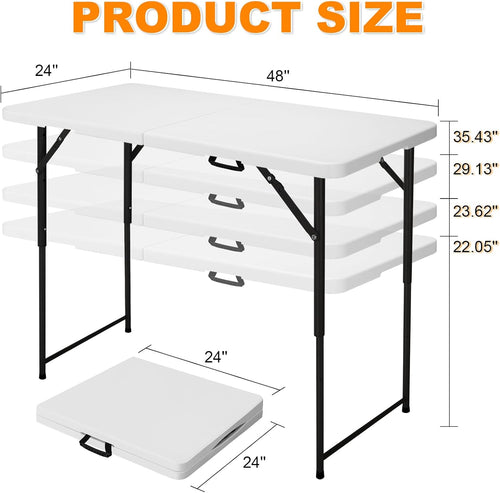 4ft Folding Table, Portable Fold-in-Half Adjustable Height Utility Table for Indoor/Outdoor Use, Durable HDPE & Steel, Stable & Lightweight, Multi-Purpose, White