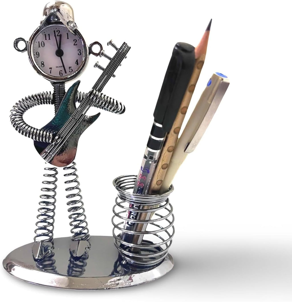 Antique Metal Pen Stand with Clock | Pen-Pencil Holder for Study Table, Office table, Home - Stylish Desk Organizer Decor Piece (Guitar)