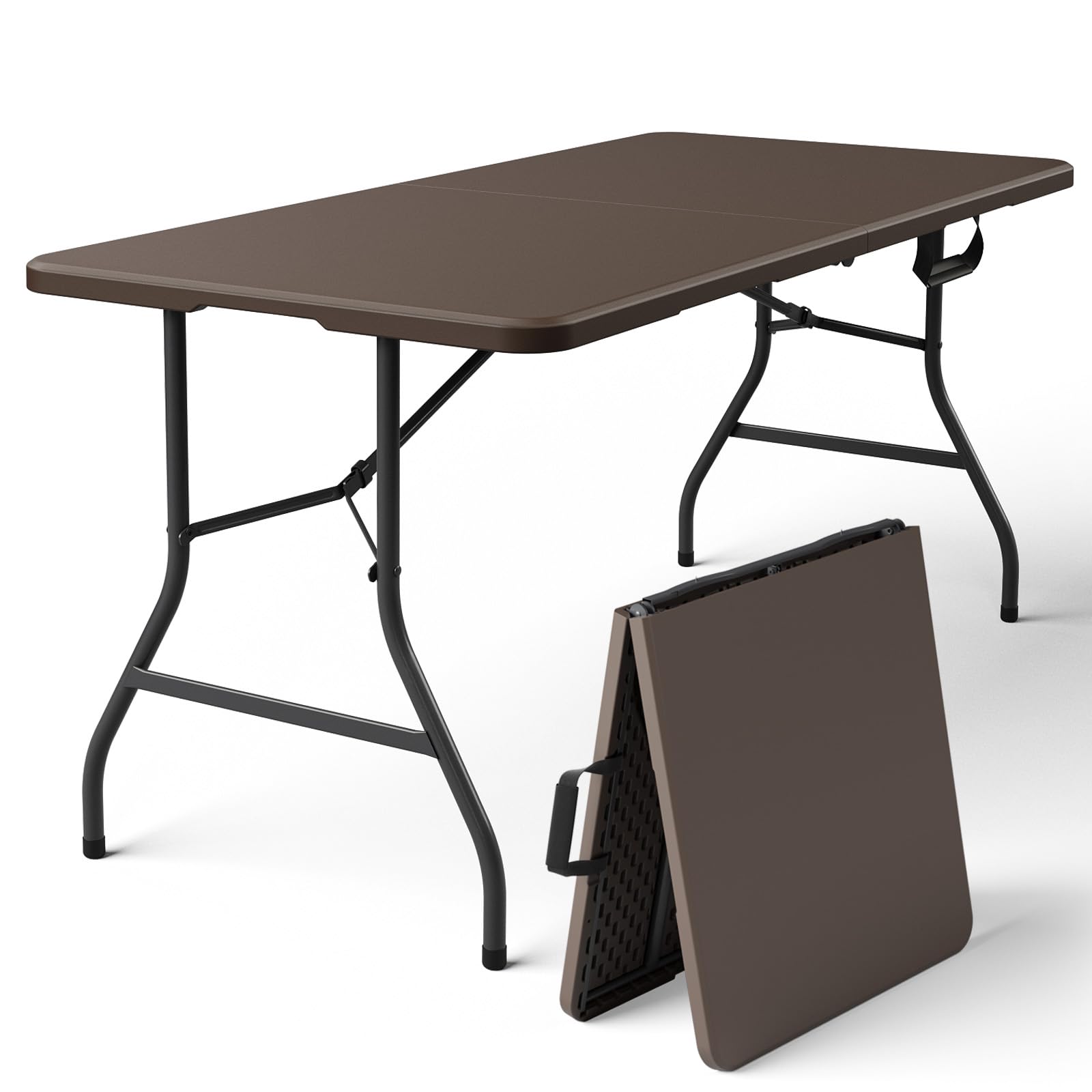 Folding Table, 4FT Foldable Picnic Table with Carrying Handle, Heavy Duty Fold-in-Half Portable Table for Weddings, Camping, RV Travel, Parties, BBQs, and Indoor Use, Easy to Fold and Store, Khaki