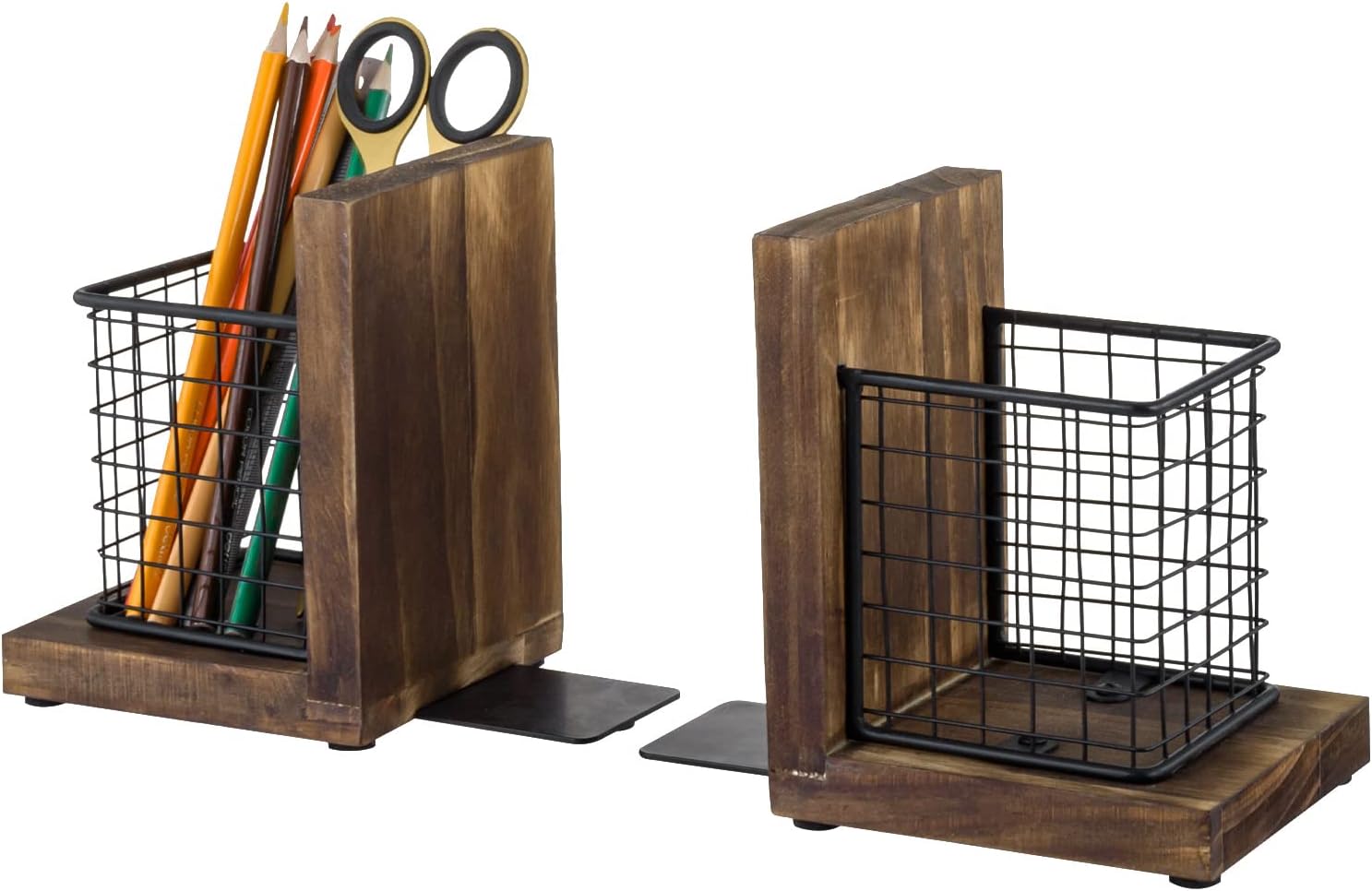MyGift Book Ends for Desk, Decorative Farmhouse Bookends for Heavy Books with Pen Holders, Office Supplies Storage Baskets, Rustic Burnt Wood and Matte Black Metal Wire Basket, 1-Pair