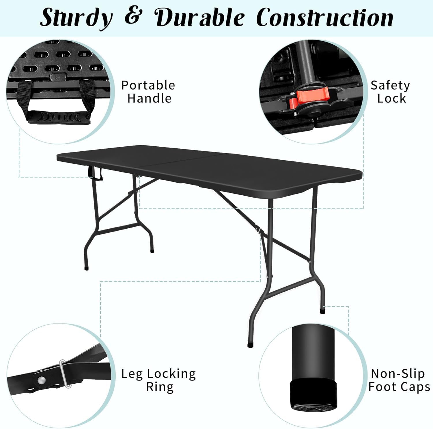 Folding Table 6ft Foldable Table with Built in Handle & Steel Legs / 6FT Heavy Duty Folding Portable,Perfect for Party, Dining Indoor/Outdoor Events, Tailgating & Backyard BBQ, Black