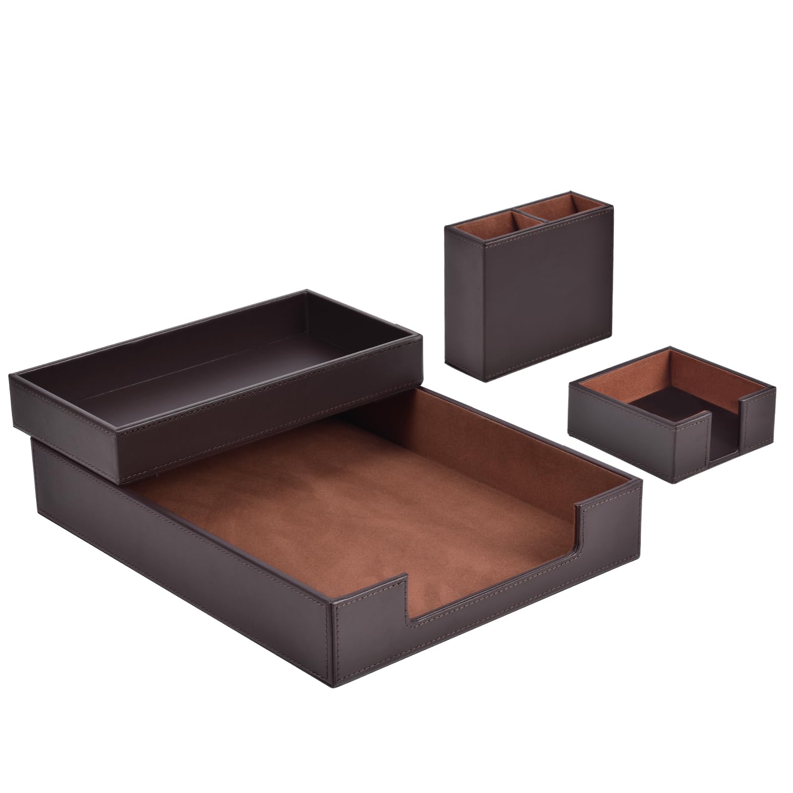 4 Pack Leather Office Supplies/Desk Organizer for Letter Paper Tray,Sticky Note Holder,Pen Cup,Stackable Small Letter Mail Sorter Tray,Workspace Decor for Women Men (Brown, 4-piece set)