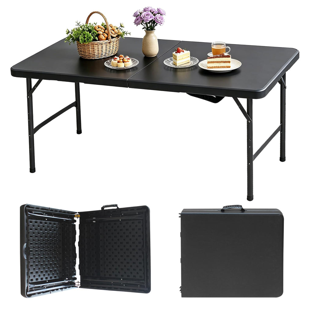 Portable Plastic Folding Table 4ft/6ft/8ft Heavy Duty White Black Picnic Dining Table Fold-in-Half for Camp Party Kitchen Indoor Outdoor