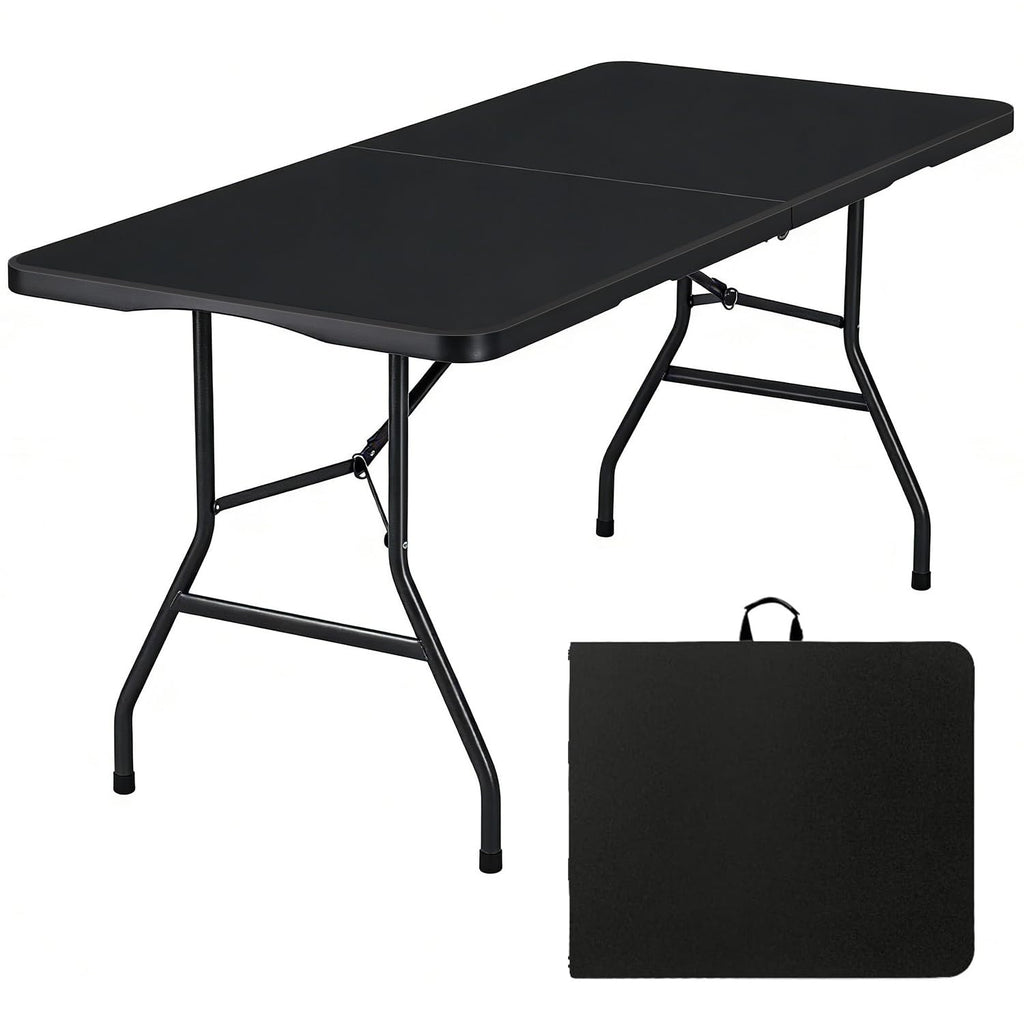 Lakhow Folding Table 6ft Heavy Duty Portable Plastic Fold-in-Half 6 Foot Foldable Table Indoor Outdoor with Parties, Camping Picnic,Folds in Half for Easy Storage, No Assembly Required, Black