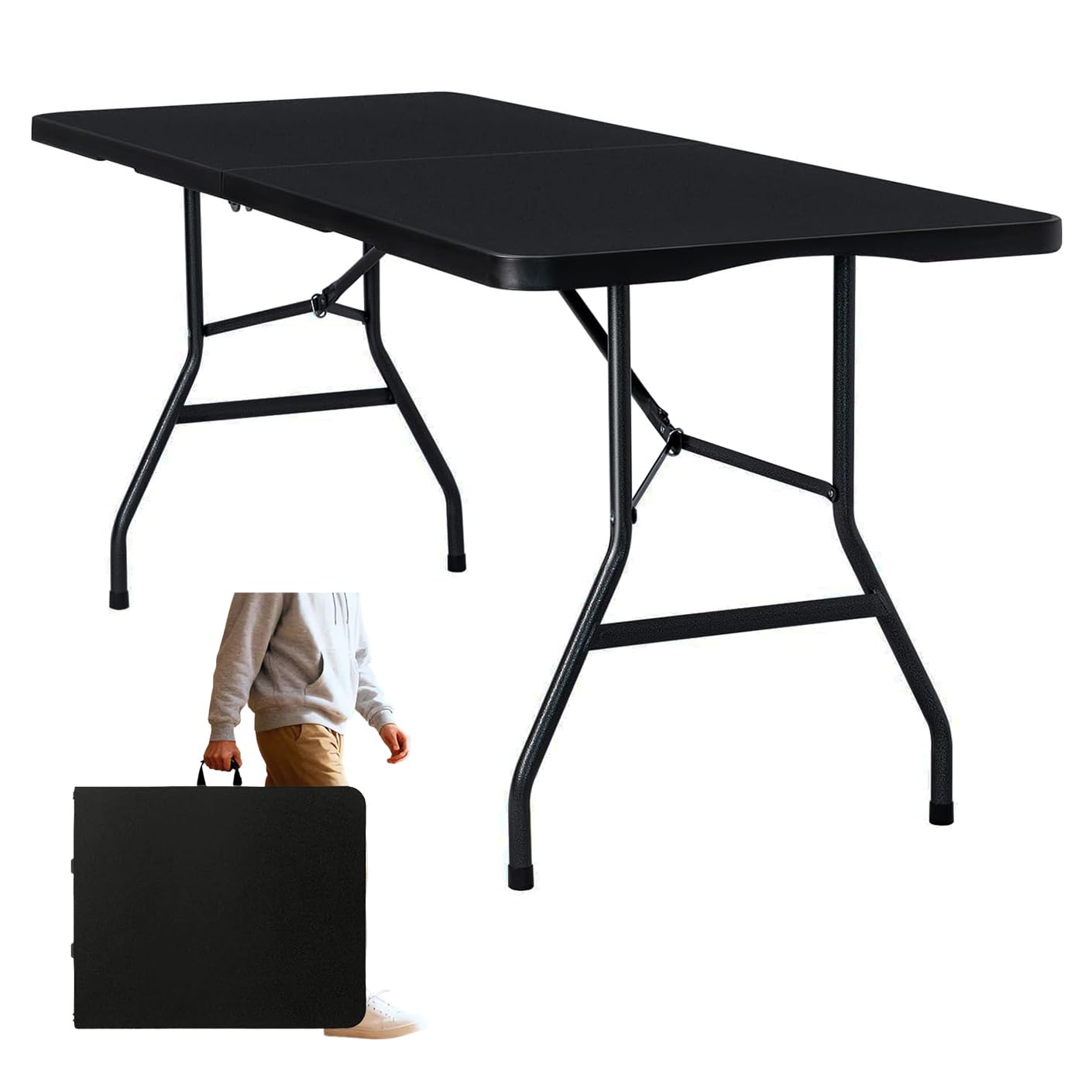 Folding Table 6ft Foldable Table with Built in Handle & Steel Legs / 6FT Heavy Duty Folding Portable,Perfect for Party, Dining Indoor/Outdoor Events, Tailgating & Backyard BBQ, Black