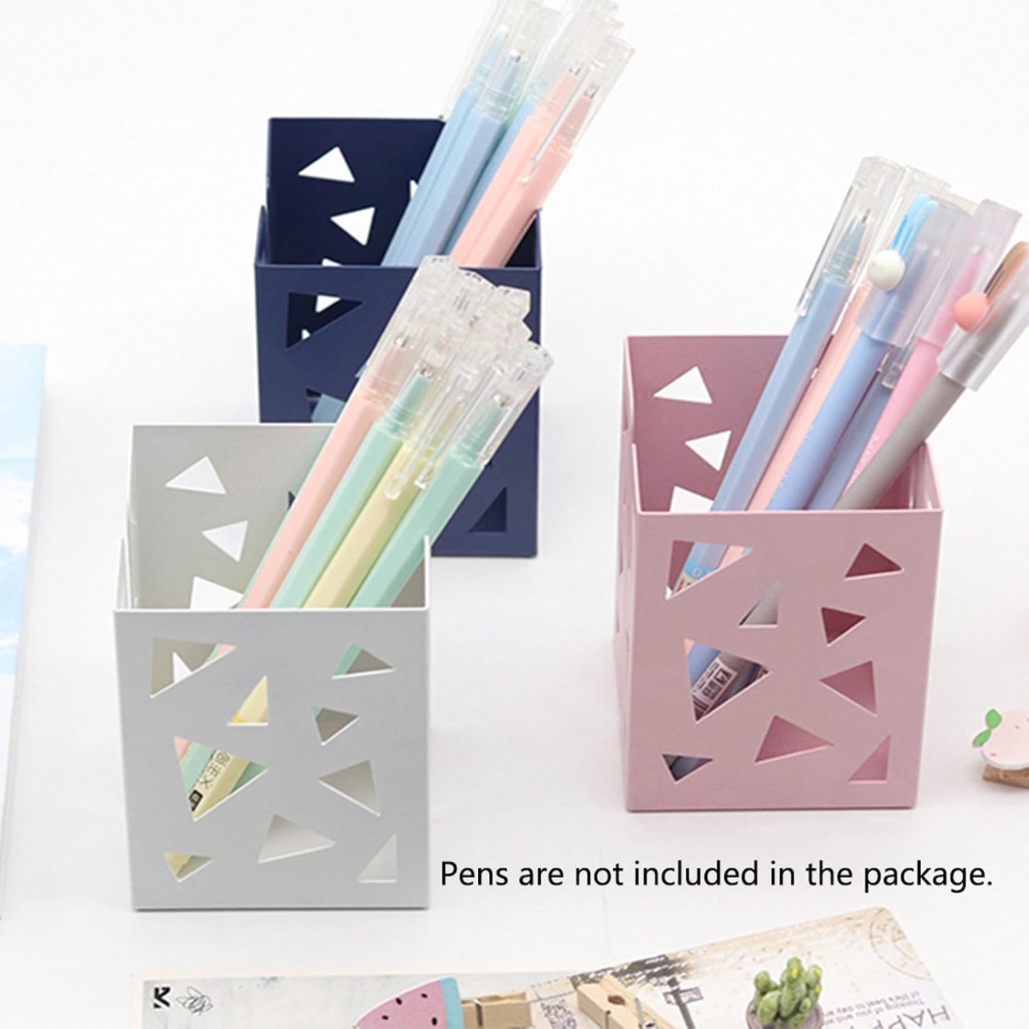 3Pcs Pink+White+Blue Hollow Pattern Metal Pen Pencil Pot Cup Holder Desk Container Organizer Makeup Brush Holder Gift for Office, Classroom, Home