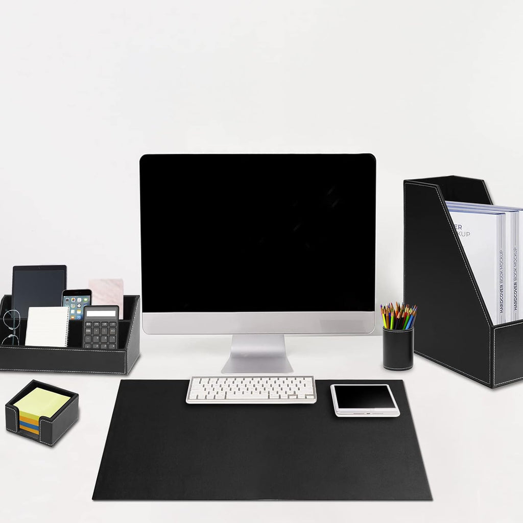 Office Supplies PU Leather 6-Piece Set Desk Organizer,Include Writing Pad,Letter Tray,file folder Sorter/Magazine Holder,Pen Cup,Note Holder,Business Card Holder,Man/Woman Office Gift,Black