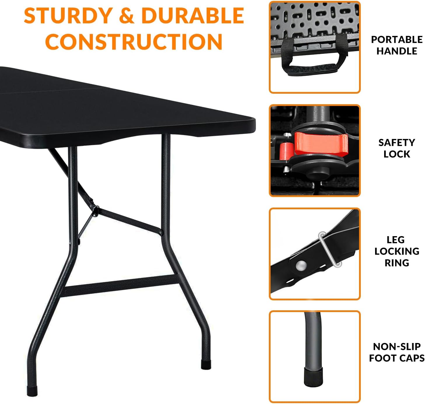 Lakhow Folding Table 6ft Heavy Duty Portable Plastic Fold-in-Half 6 Foot Foldable Table Indoor Outdoor with Parties, Camping Picnic,Folds in Half for Easy Storage, No Assembly Required, Black