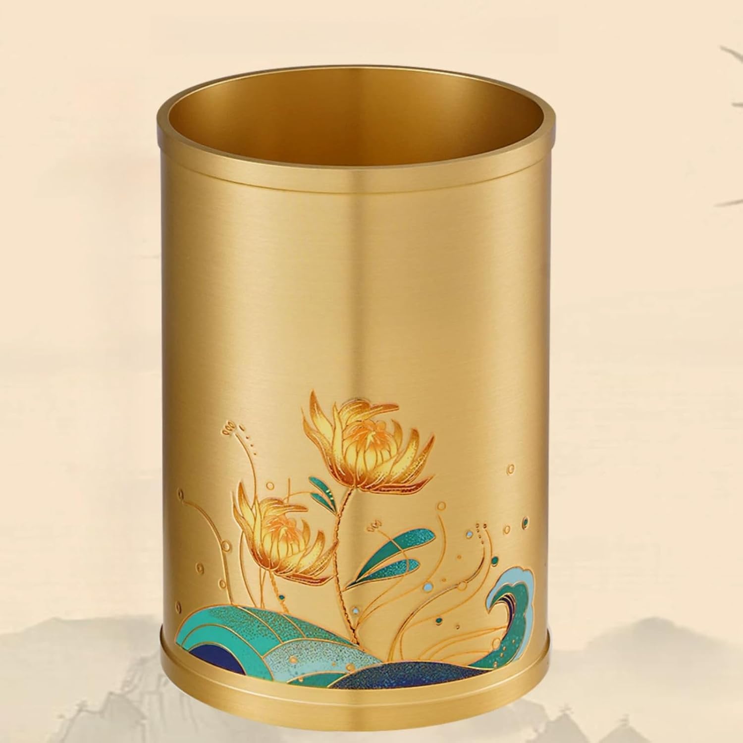 Pure Brass Lotus Pen Holder Tabletop, 9.5cm 3.7in, Metal Chinese Style Mao Pen Holder