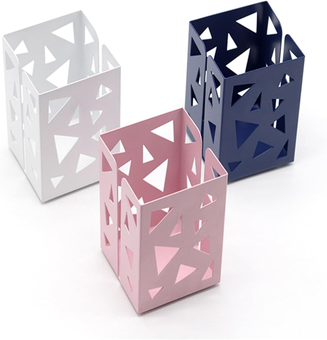 3Pcs Pink+White+Blue Hollow Pattern Metal Pen Pencil Pot Cup Holder Desk Container Organizer Makeup Brush Holder Gift for Office, Classroom, Home