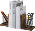 MyGift Book Ends for Desk, Decorative Farmhouse Bookends for Heavy Books with Pen Holders, Office Supplies Storage Baskets, Rustic Burnt Wood and Matte Black Metal Wire Basket, 1-Pair