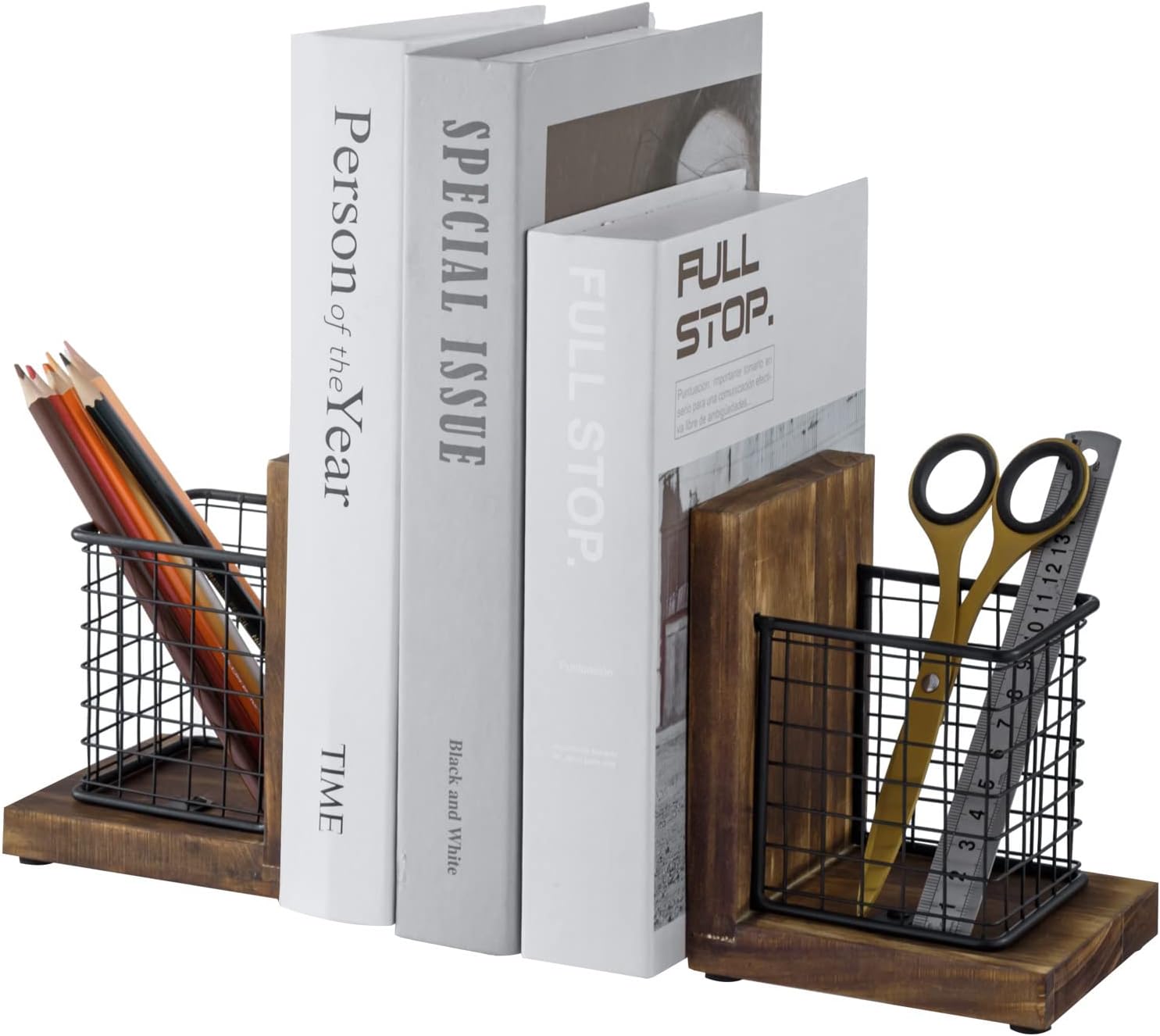 MyGift Book Ends for Desk, Decorative Farmhouse Bookends for Heavy Books with Pen Holders, Office Supplies Storage Baskets, Rustic Burnt Wood and Matte Black Metal Wire Basket, 1-Pair