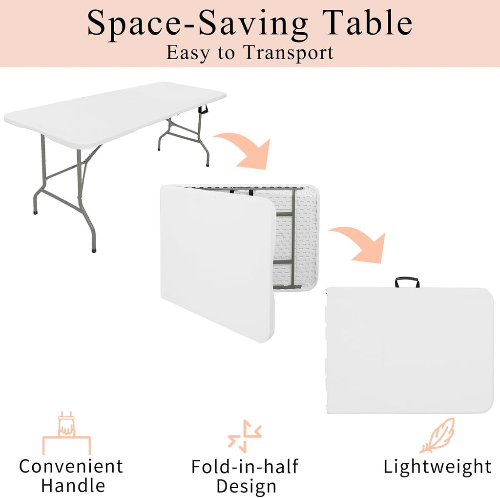 Set of 2 Folding Tables with Carrying Handle Lightweight Rectangular Portable Plastic Camping Table Steel Legs for Party, Dining, Wedding, Events, Picnic Indoor, Outdoor (5.85FT, White)