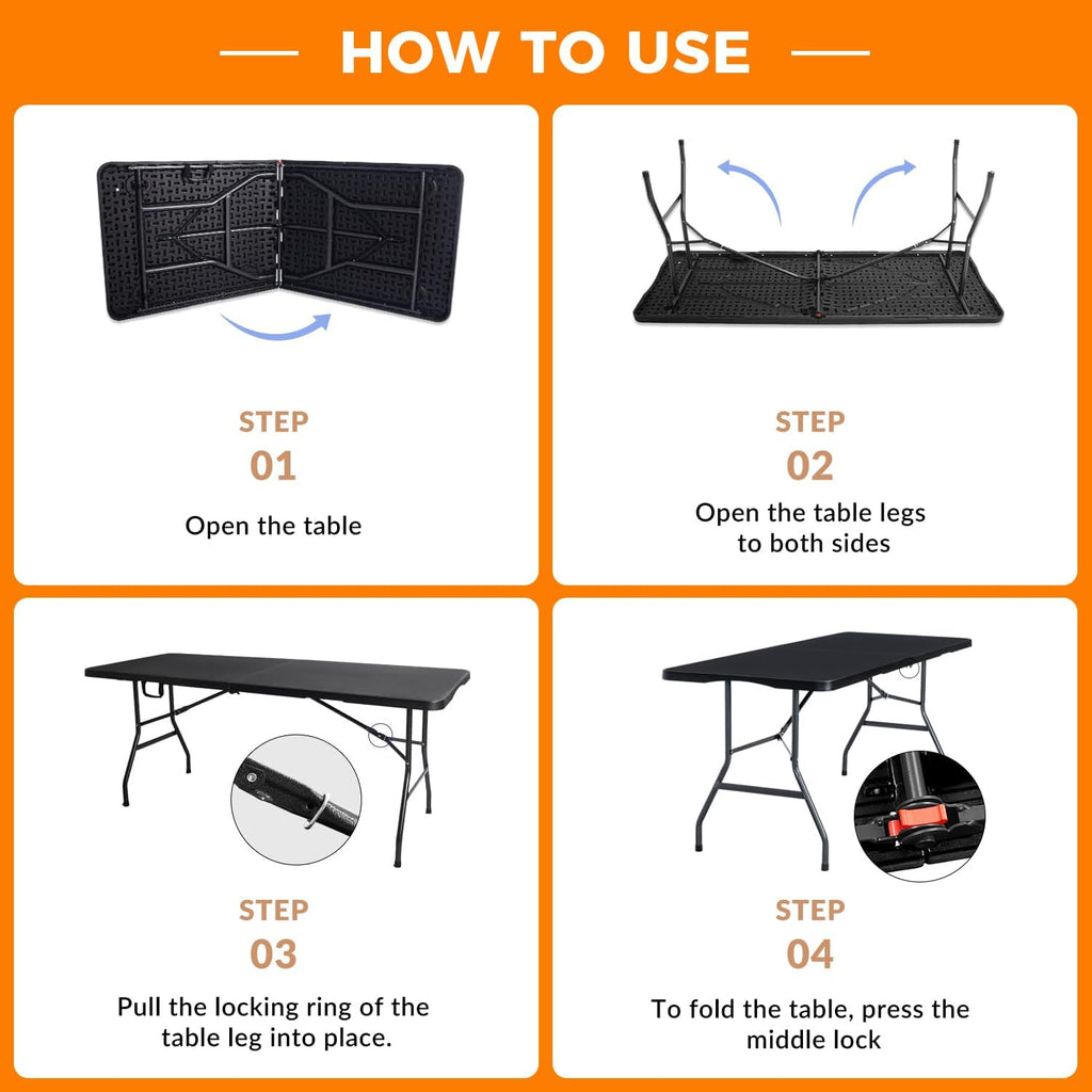 Lakhow Folding Table 6ft Heavy Duty Portable Plastic Fold-in-Half 6 Foot Foldable Table Indoor Outdoor with Parties, Camping Picnic,Folds in Half for Easy Storage, No Assembly Required, Black