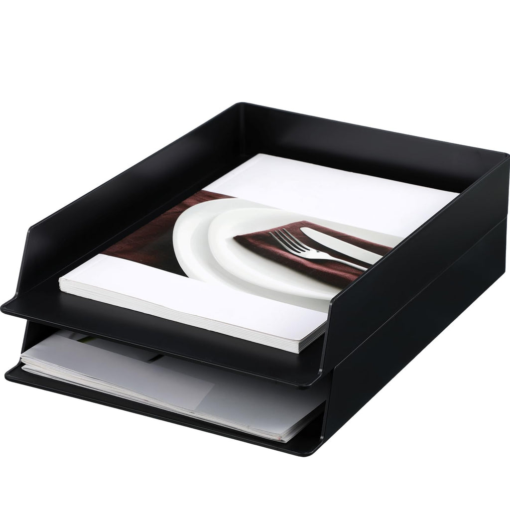Wenqik 12 Pcs Stackable Paper Trays Rectangular Plastic Desk Holder Desktop Document File Organizer Storage Letter for Office Classroom (Black)