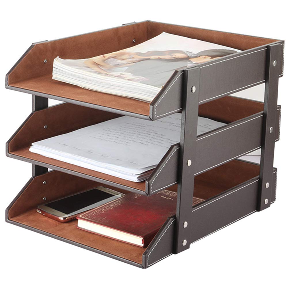 Leather Desk File Organizer, 3-Layer Stackable Tray, Used to Store documents, folders, Stationery, Magazines, Newspapers, Letters, and Other Home Office Sundries Desktop Organization Holder(Black)…