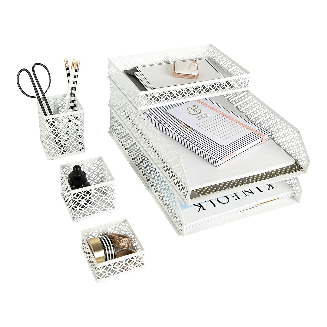 BLU MONACO | Gold Desk Organizer Set for Women 6 Piece | Mail Sorter Organizer Countertop with Letter Sorter for Desk | Steel Desktop Organizer with Mesh Pen Holders