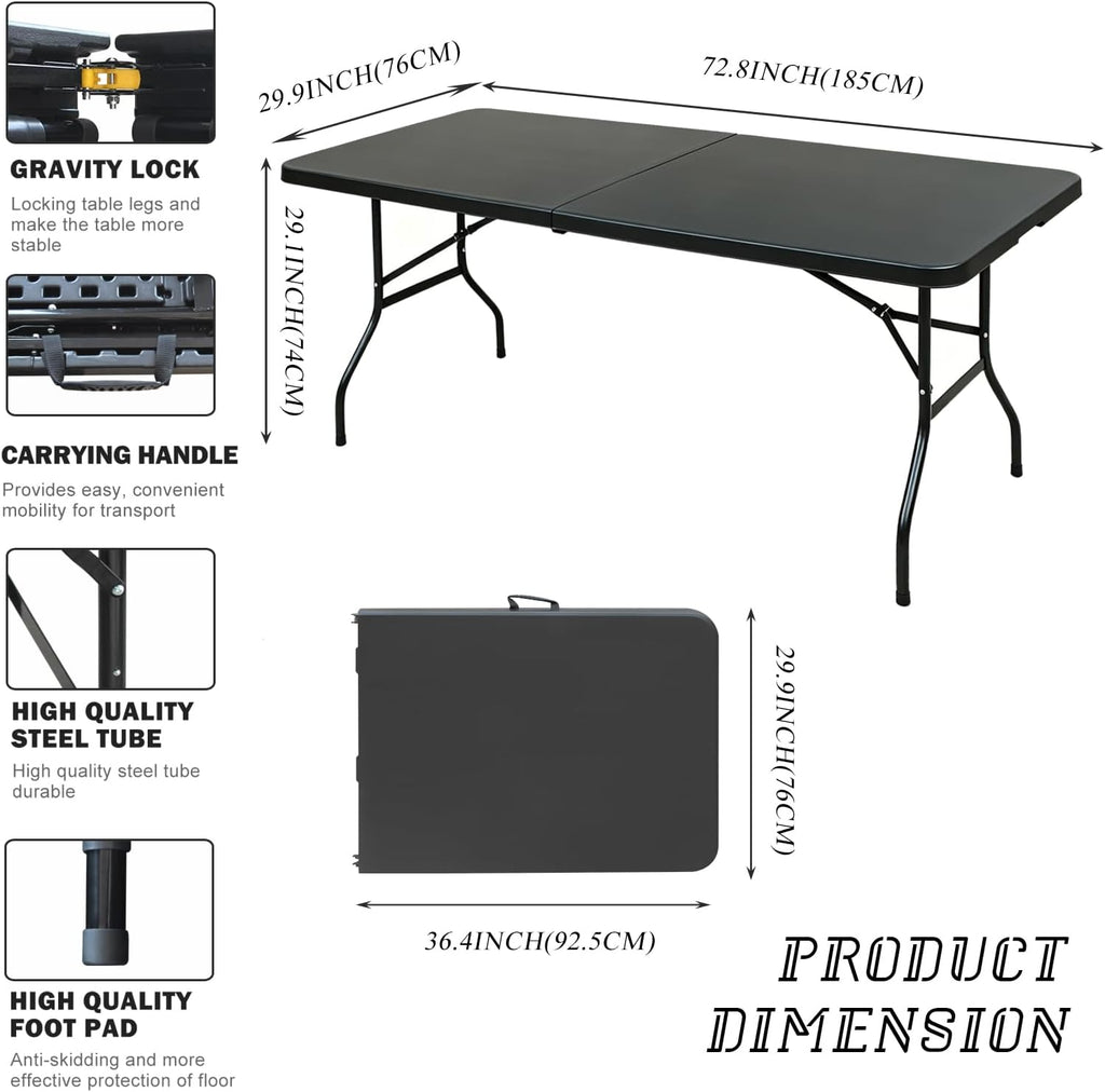 Portable Plastic Folding Table 4ft/6ft/8ft Heavy Duty White Black Picnic Dining Table Fold-in-Half for Camp Party Kitchen Indoor Outdoor