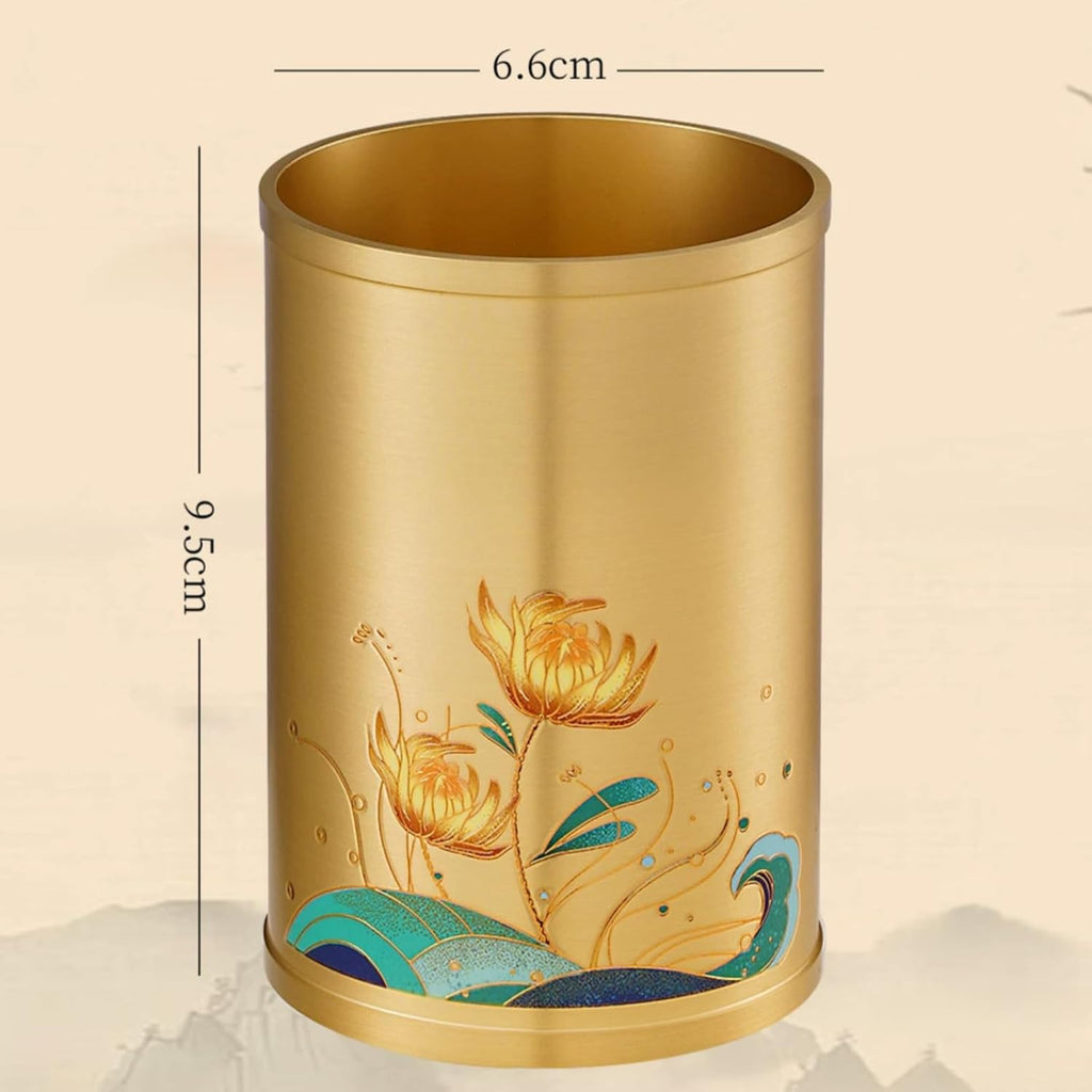 Pure Brass Lotus Pen Holder Tabletop, 9.5cm 3.7in, Metal Chinese Style Mao Pen Holder